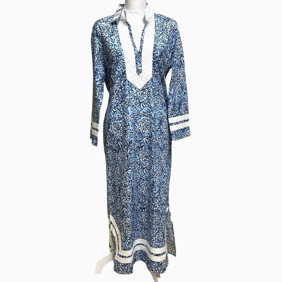 NWT SAIL TO SABLE 100% Cotton Blue & White Tunic Midi Kaftan Dress Size L - Picture 2 of 16